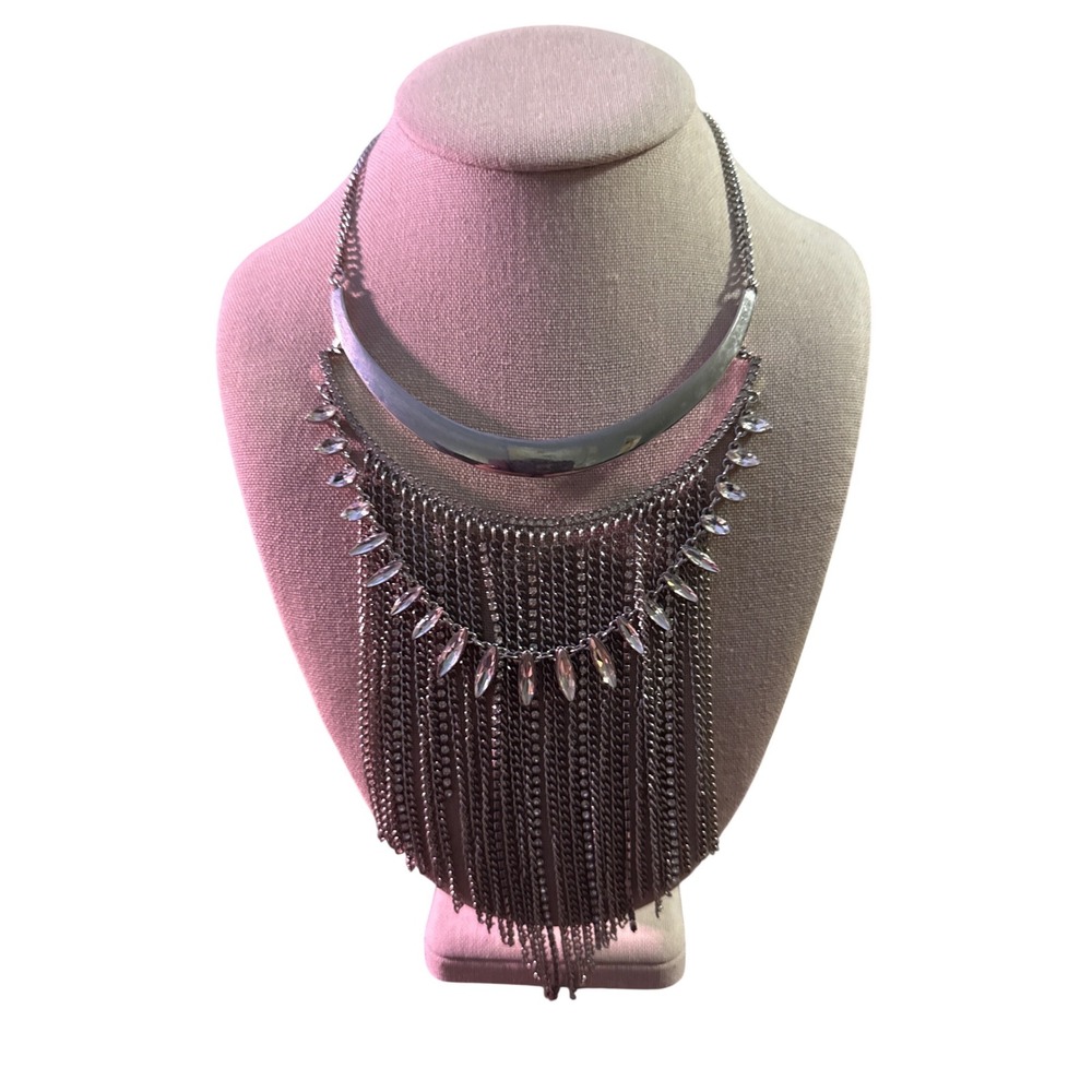 GUESS Silver Tone Crystal Layered Bib Fringe Statement Necklace Waterfall Chain